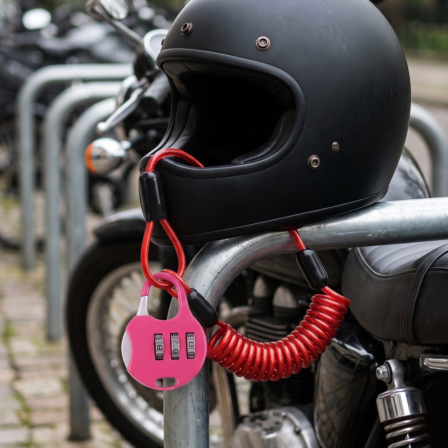 A black motorcycle helmet is secured to a bike rack with a pink combination lock and red coiled cable, with a "9003" label.