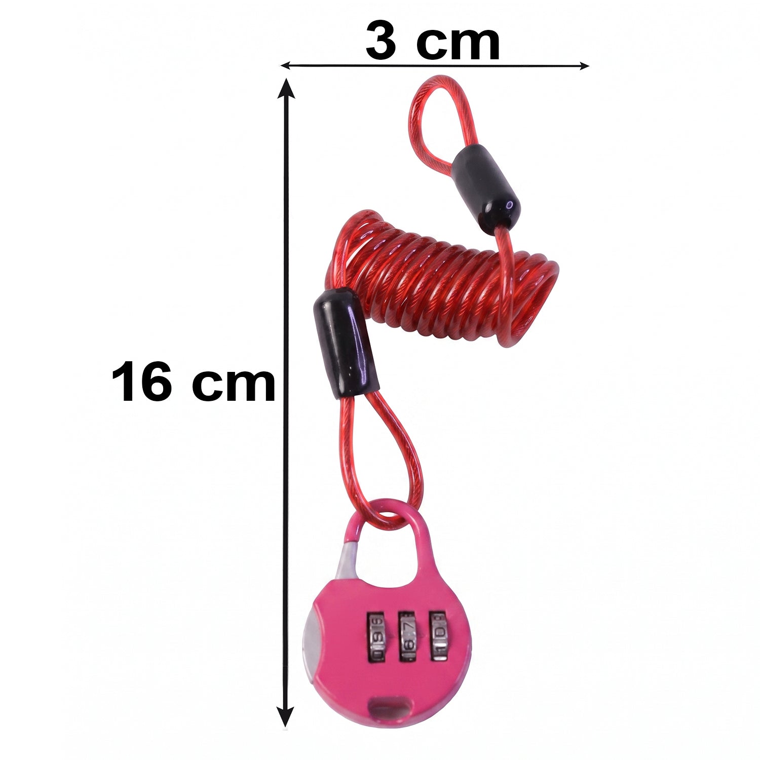 A pink combination lock with a red coiled cable is shown with dimensions of 16 cm length and 3 cm width.