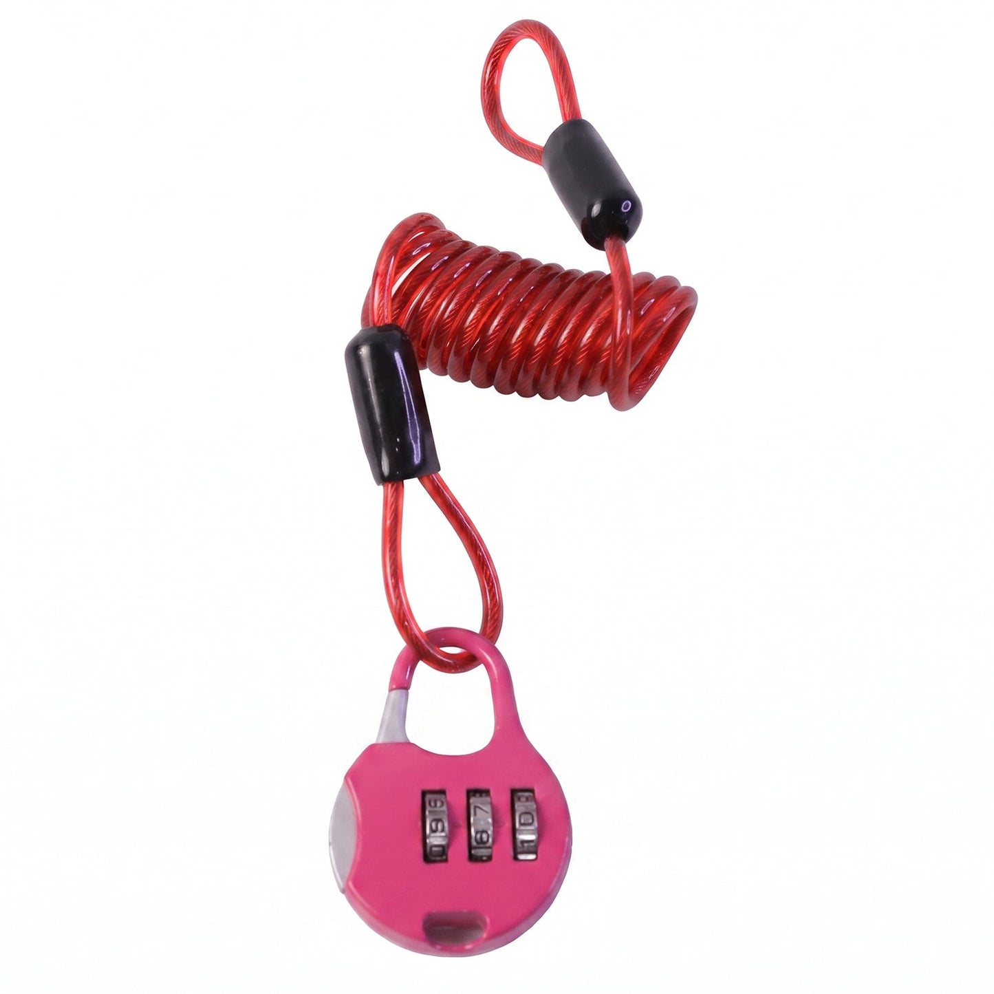 A pink combination lock with a red coiled cable is displayed on a white background.