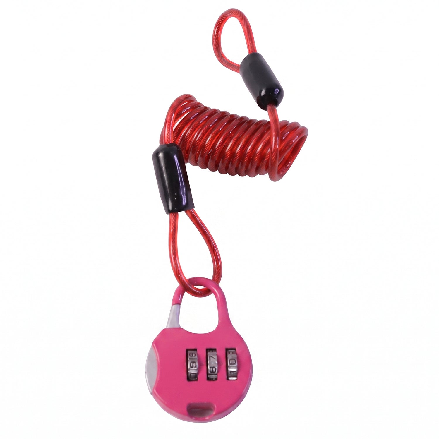 A pink combination lock with a red coiled cable is displayed on a white background.