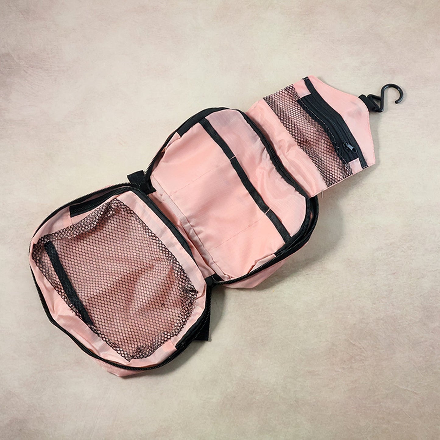 Close-up feature view of waterproof toiletry hanging bag