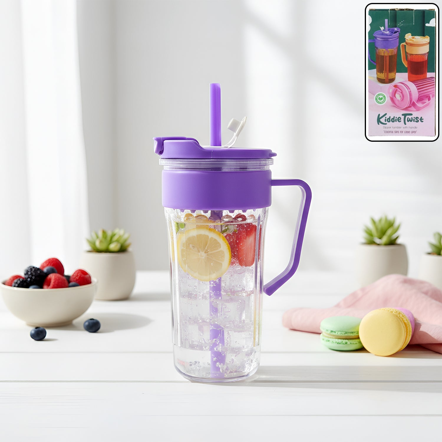 Plastic tumbler for kids with integrated straw and sturdy handle