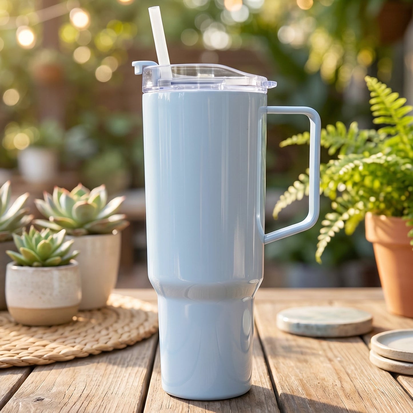 A light blue travel tumbler with a handle and straw sits on a wooden table surrounded by potted plants outdoors.