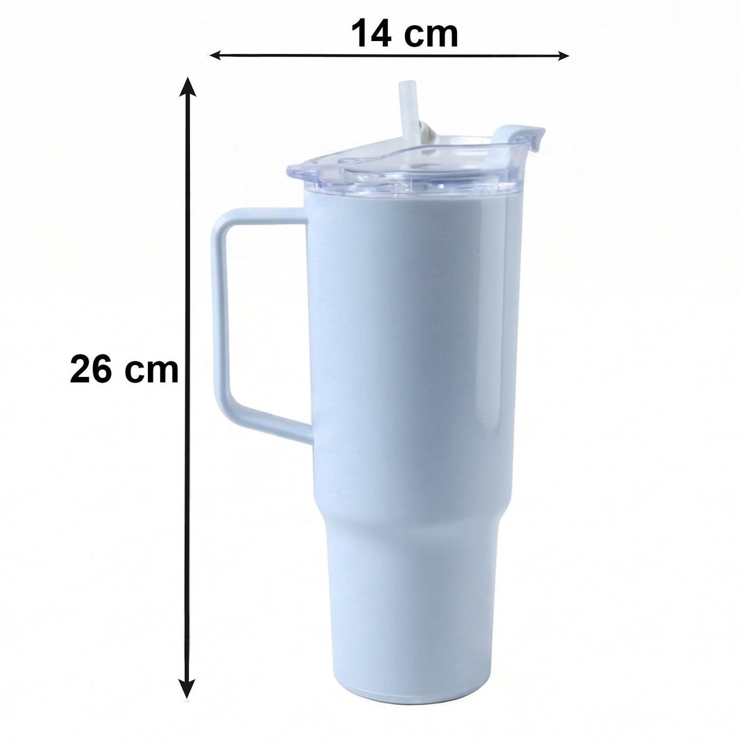 A light blue travel tumbler with a handle and straw is shown with dimensions: 26 cm tall, 14 cm wide.