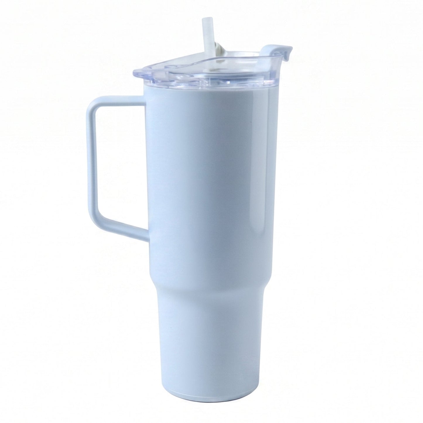 A light blue travel tumbler with a handle and straw is shown on a plain white background.
