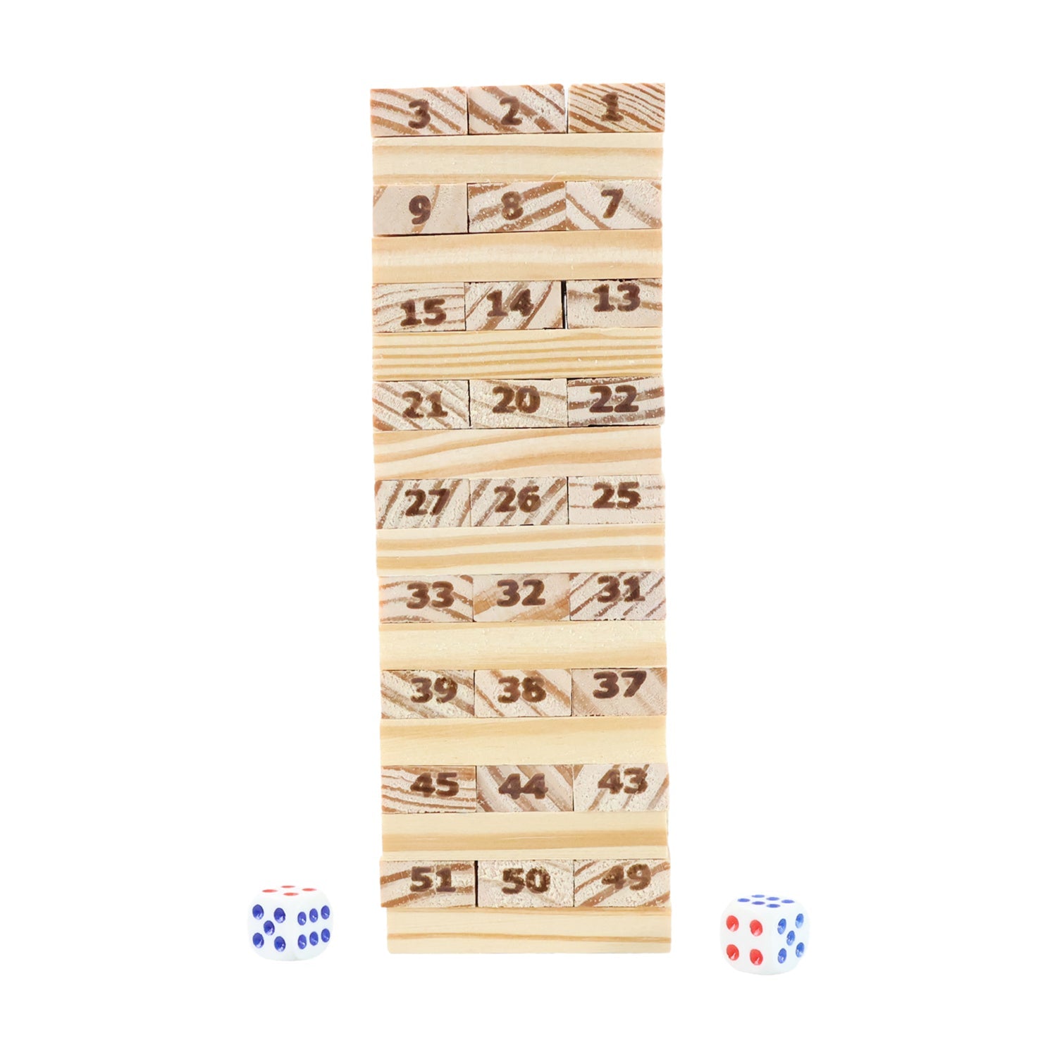 Close view of numbered wooden blocks used in Tumbling Tower game