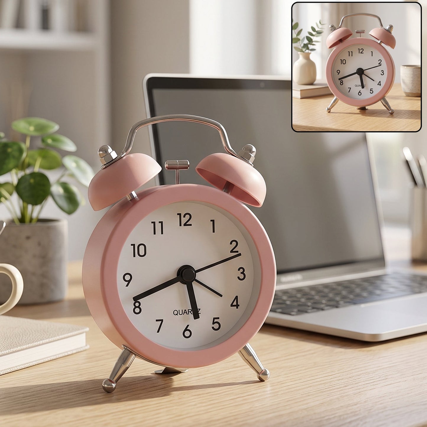 Pink twin bell alarm clock with silver accents on a wooden desk with a laptop and plant in the background.