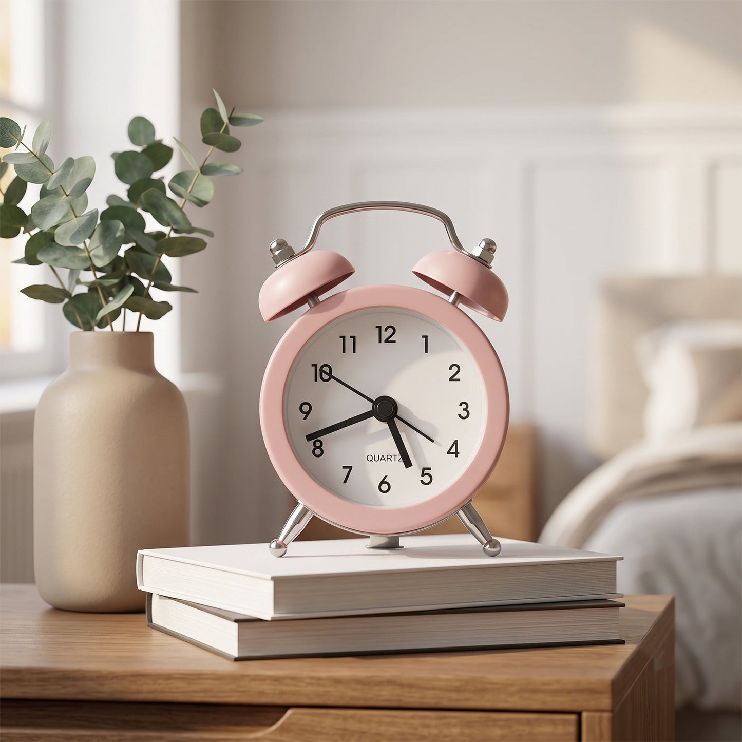 Pink twin bell alarm clock on a stack of white books next to a beige vase with green foliage.