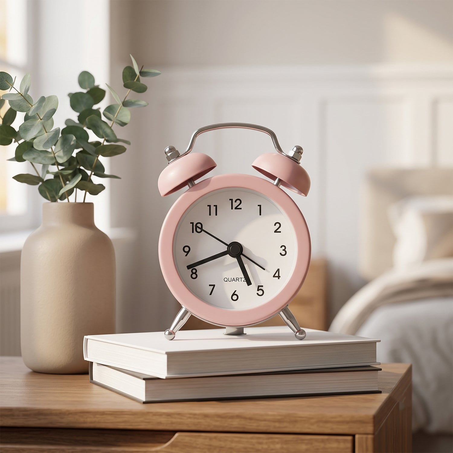 Pink twin bell alarm clock on a stack of white books next to a beige vase with green foliage.