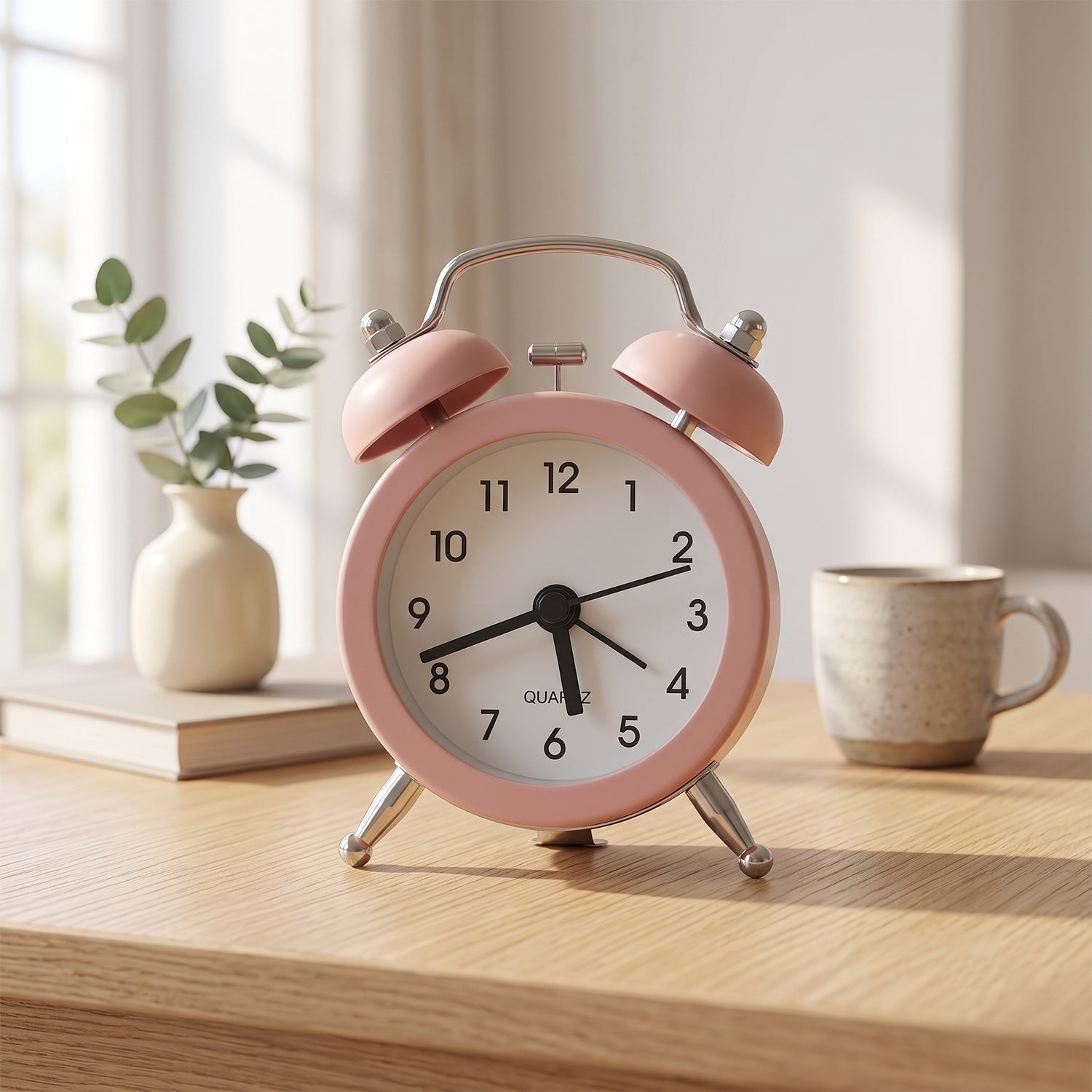 Pink twin bell alarm clock on a light wooden table next to a beige mug and a plant in a vase.