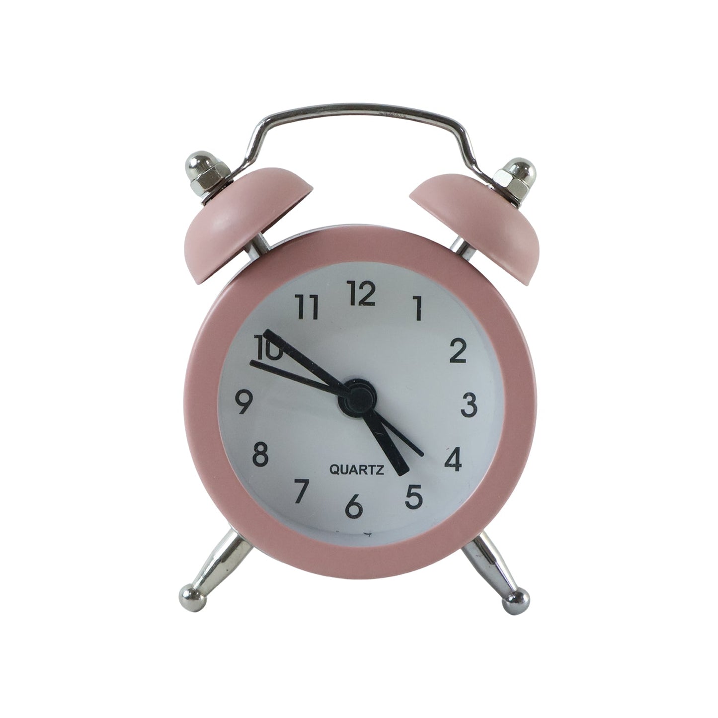Front view of a pink twin bell alarm clock with silver accents, isolated on a white background.