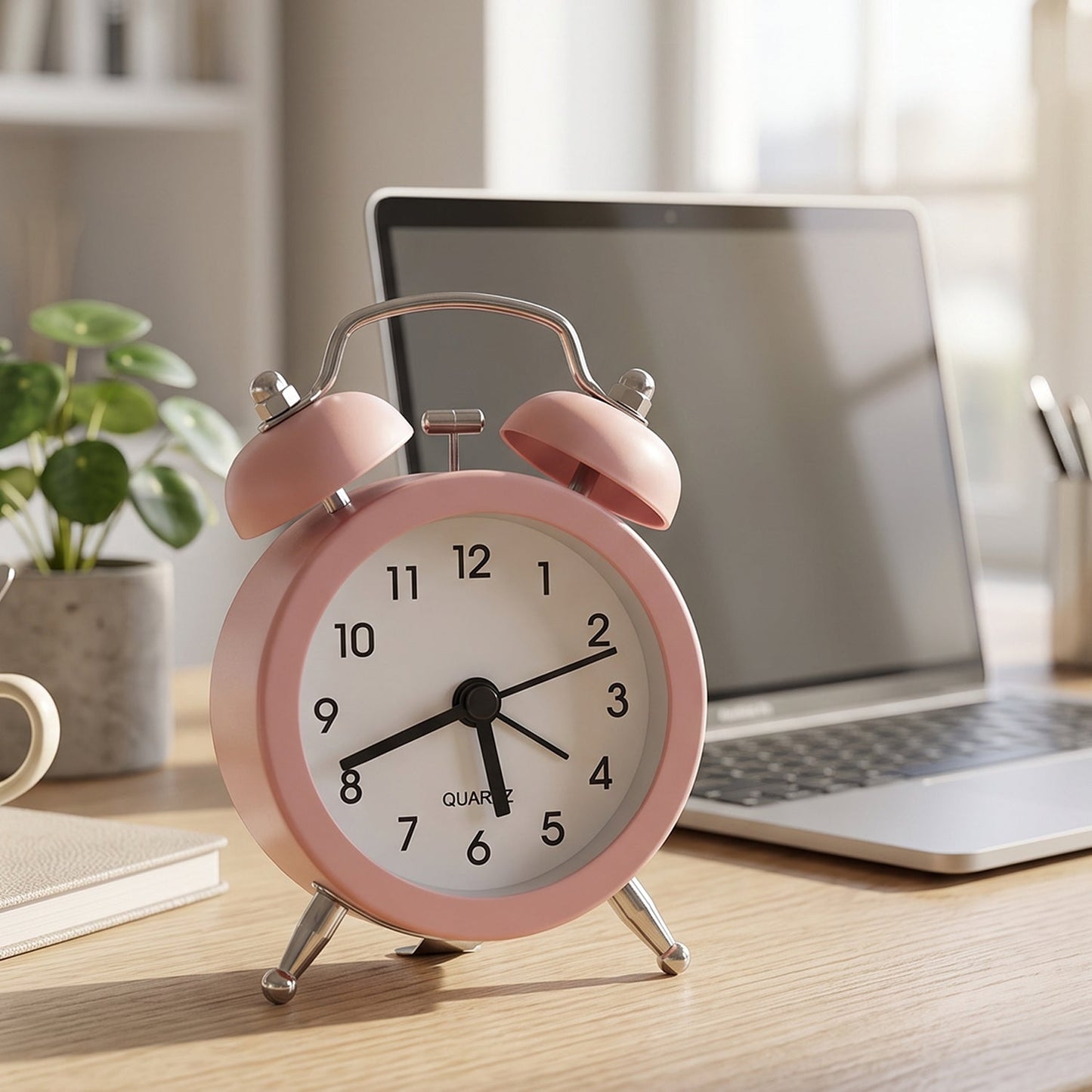 Pink twin bell alarm clock on a wooden desk, with a laptop and a small green plant in soft lighting.