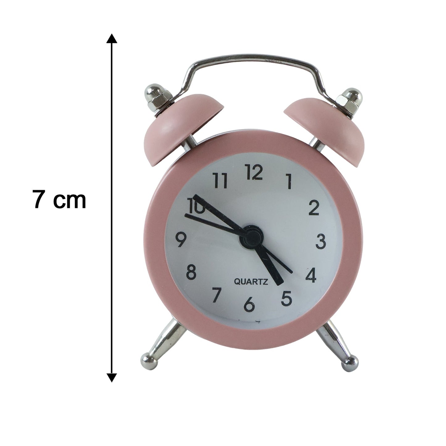 Pink twin bell alarm clock with a black arrow indicating its height of 7 cm, on a white background.