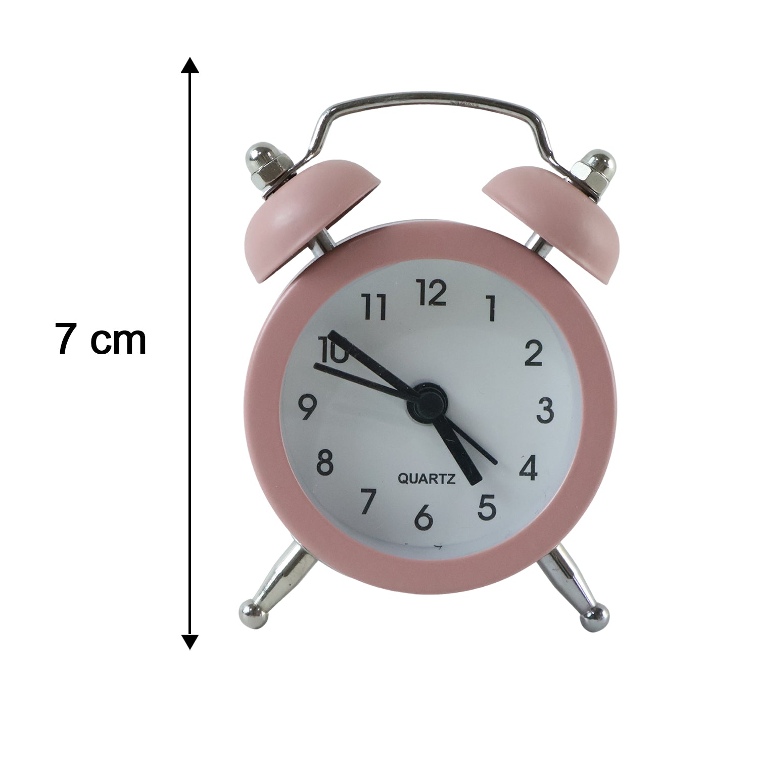 Pink twin bell alarm clock with a black arrow indicating its height of 7 cm, on a white background.