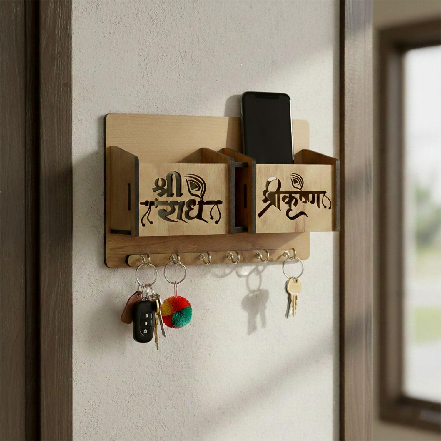 Wooden Wall Mounted Key Holder with Mobile Stand & 6 Hooks