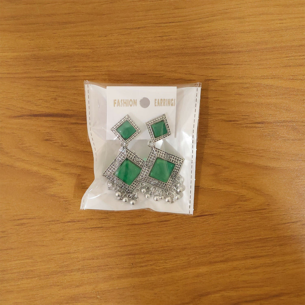 Traditional Indian Oxidised Dangler Earrings with Square Green Monalisa Stones