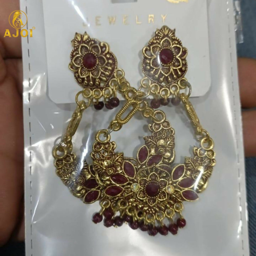 Vintage Maroon Floral Chandbali Earrings