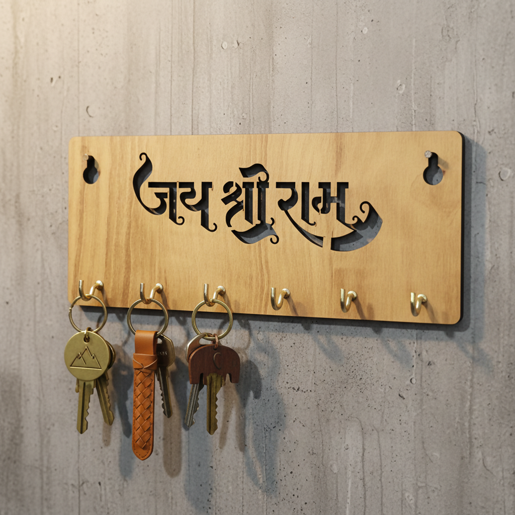Jay Shree Ram Wooden Key Holder for Wall – Handcrafted MDF Wall Key Organizer | Spiritual Home Décor