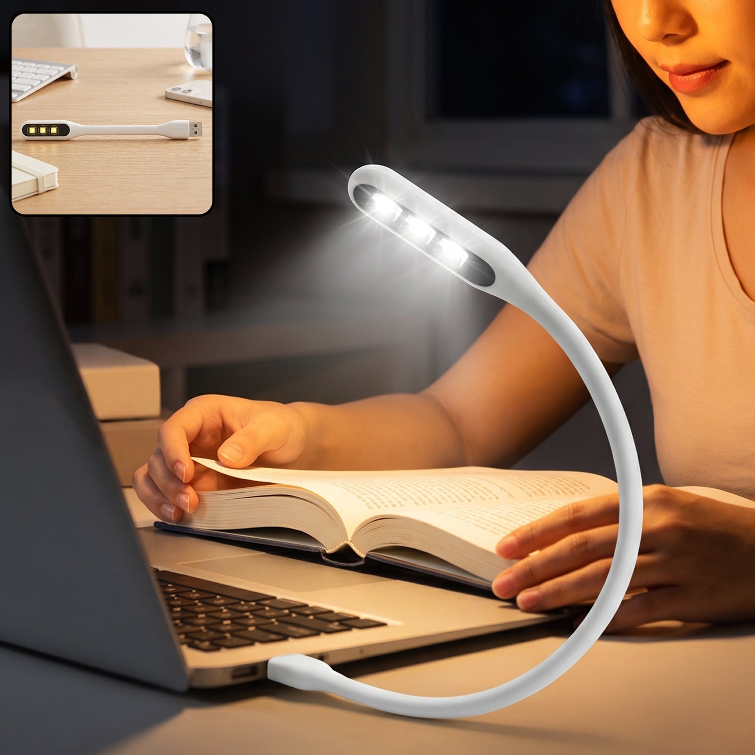 A person reading a book at night with a white flexible USB LED light plugged into a laptop, providing illumination.
