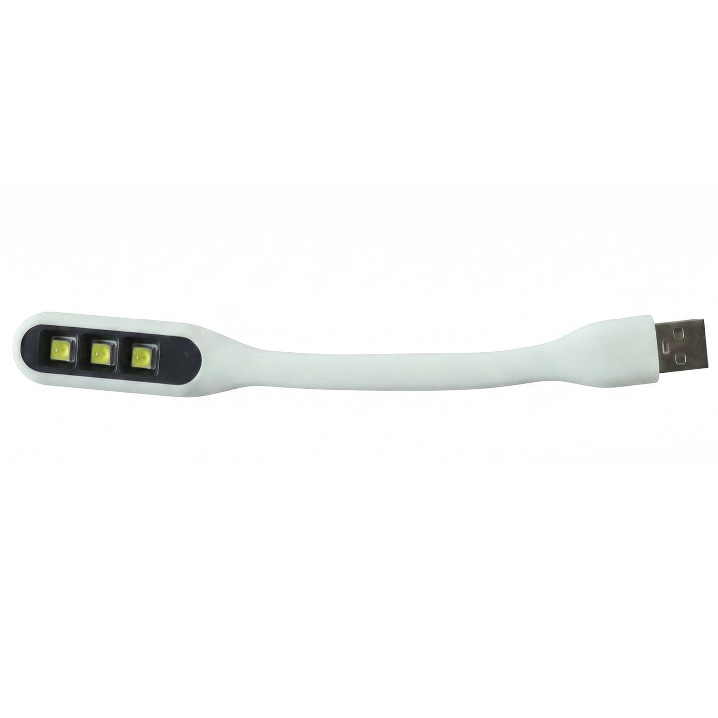 A white flexible USB LED light with three yellow LED bulbs and a USB-A connector on a white background.
