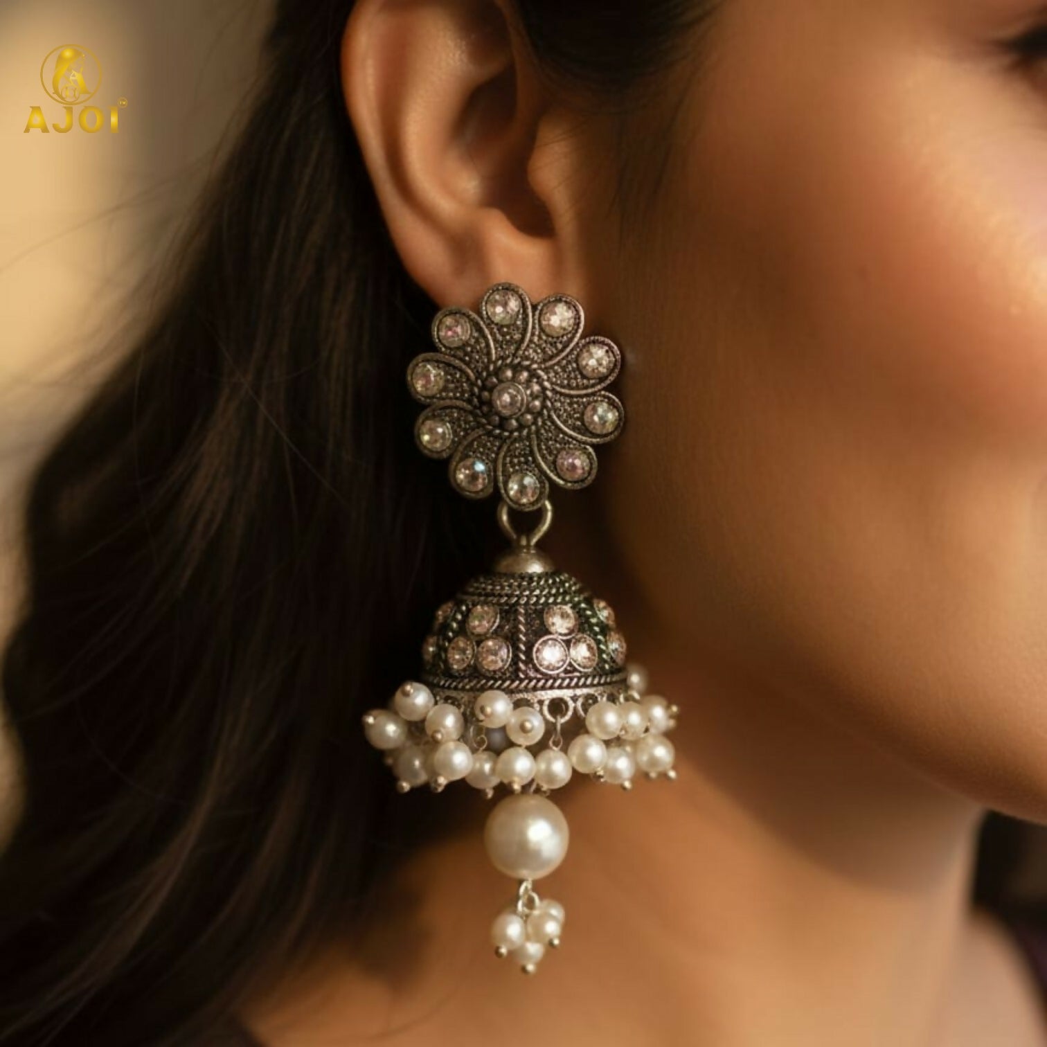 Traditional Indian Oxidised Silver Round Jhumka Earrings with Pearl Drops