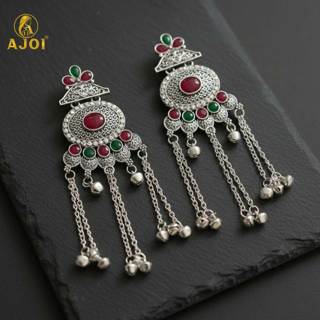 Kashmiri Style Oxidised Silver Long Earrings For Women And Girls