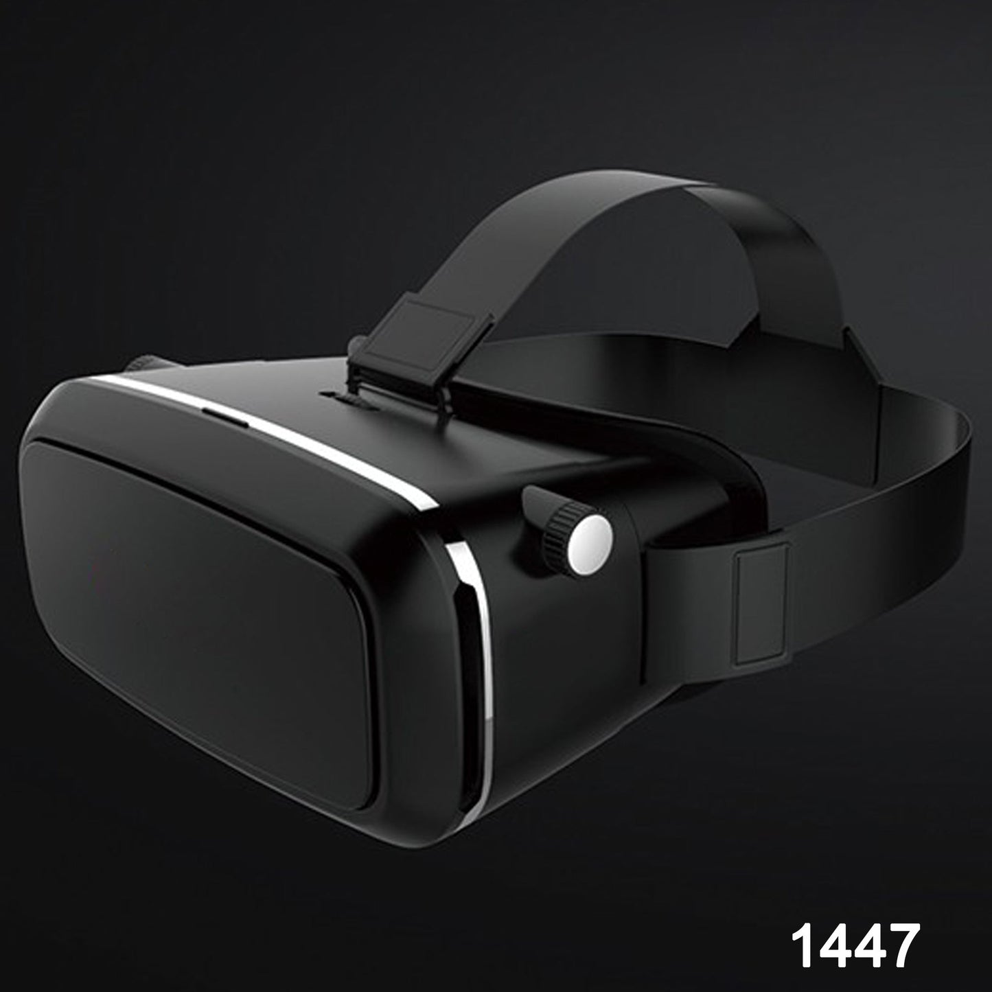 A black VR headset with a silver stripe and white adjustment knob is shown against a dark background.