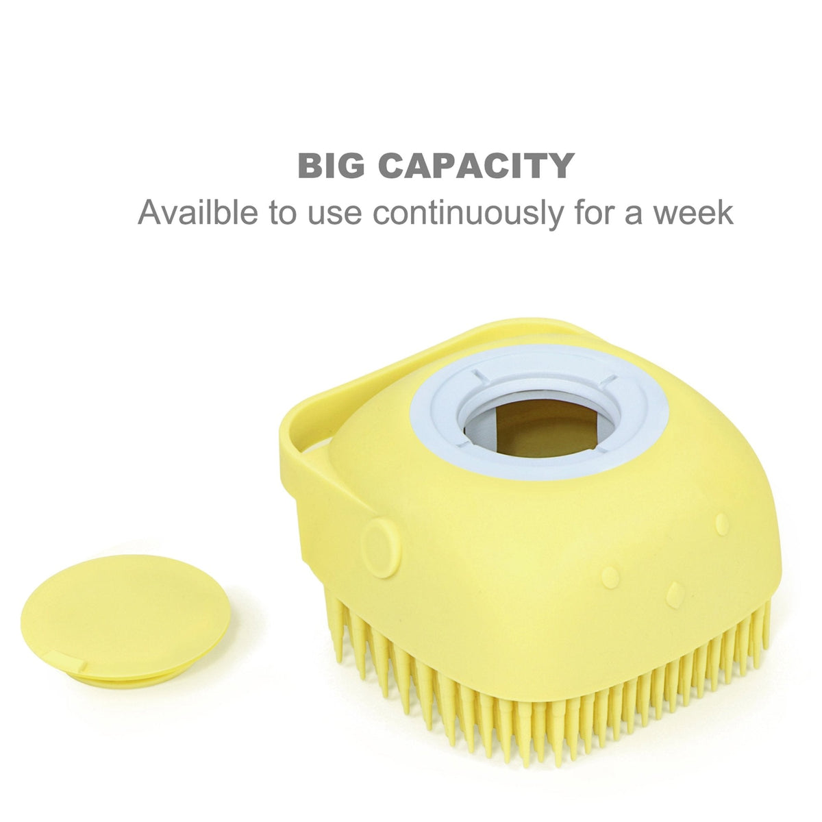 A yellow silicone bath brush with its top open and cap beside it, on a white background, emphasizing big capacity.