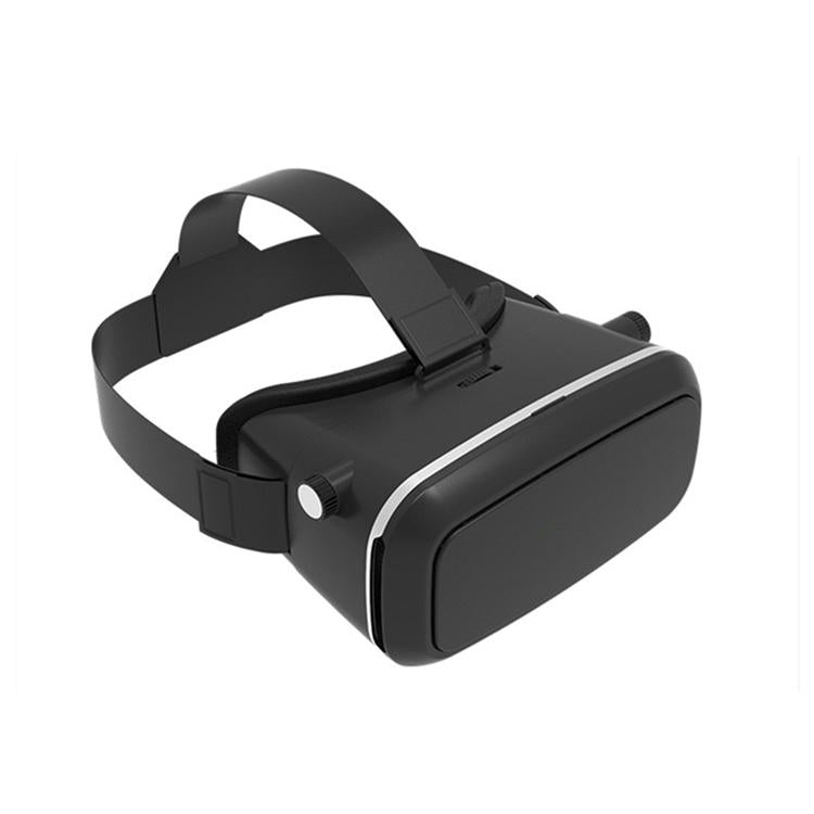 A black VR headset with a white head strap and silver accents is displayed on a white background.