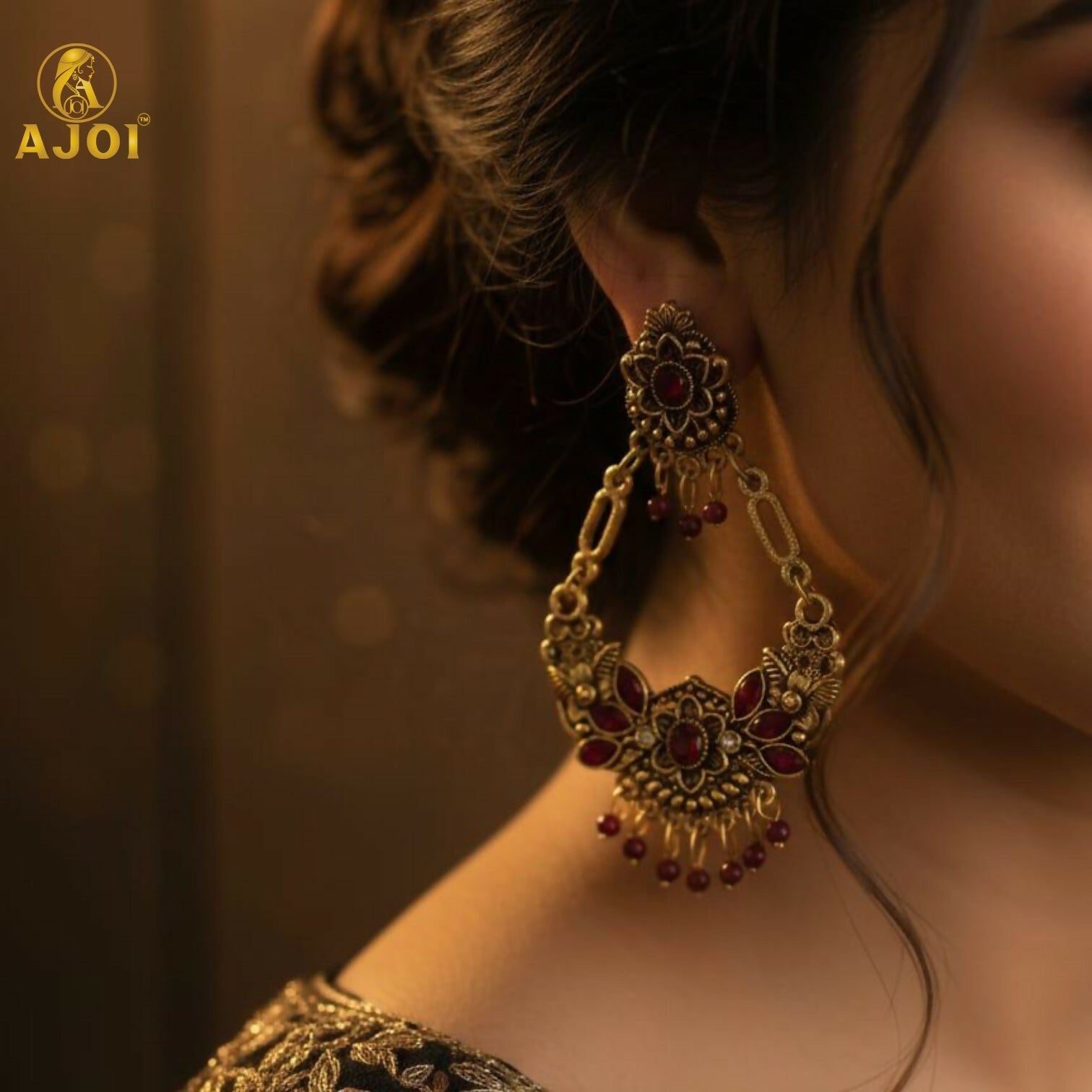 Vintage Maroon Floral Chandbali Earrings