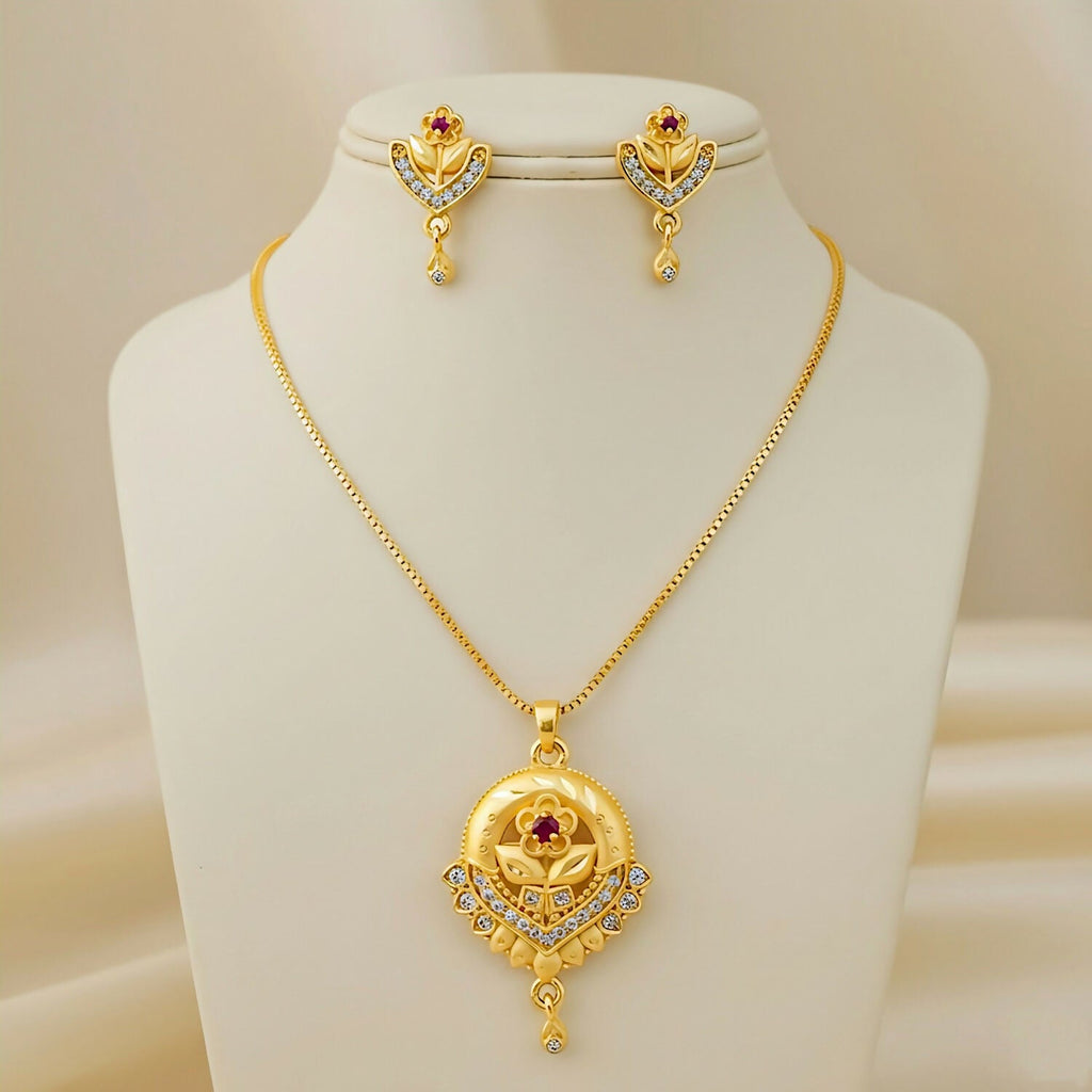 Elegant Gold-Plated Floral Bloom Jewelry Set: Pendant, Chain, and Earrings, popular pendant set