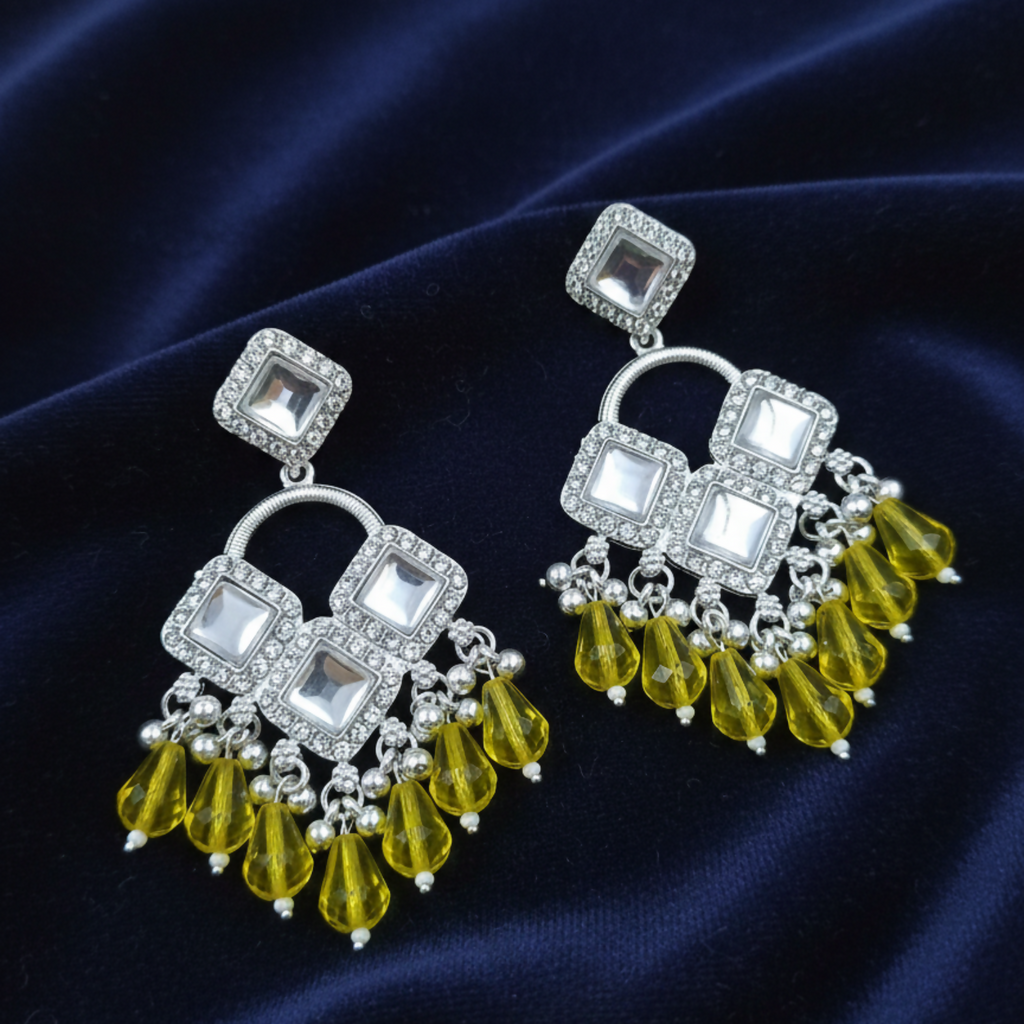 Elegant Silver Plated Chandelier Earrings Featuring Square Crystals and Yellow Teardrop Beads