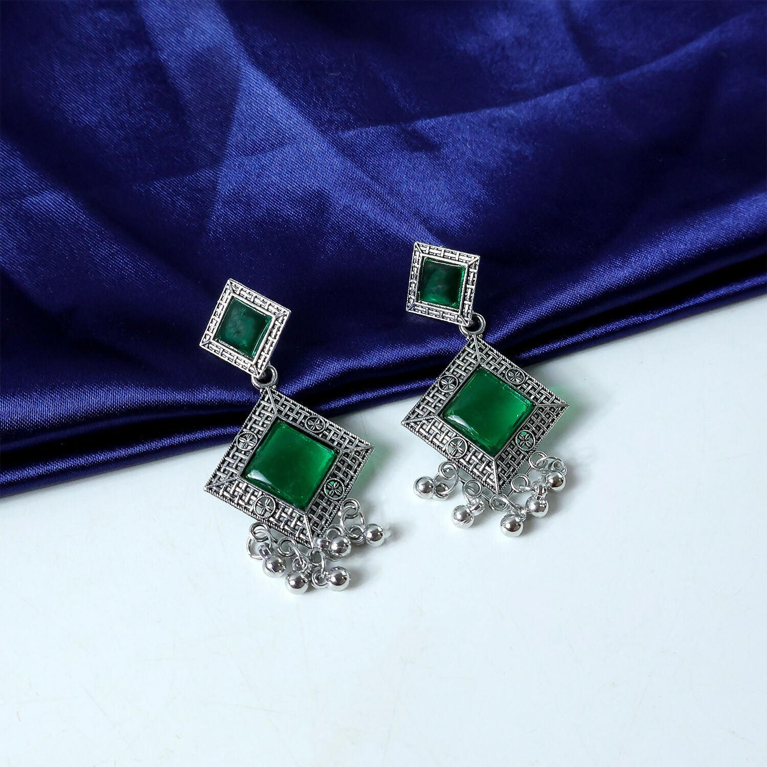 Traditional Indian Oxidised Dangler Earrings with Square Green Monalisa Stones