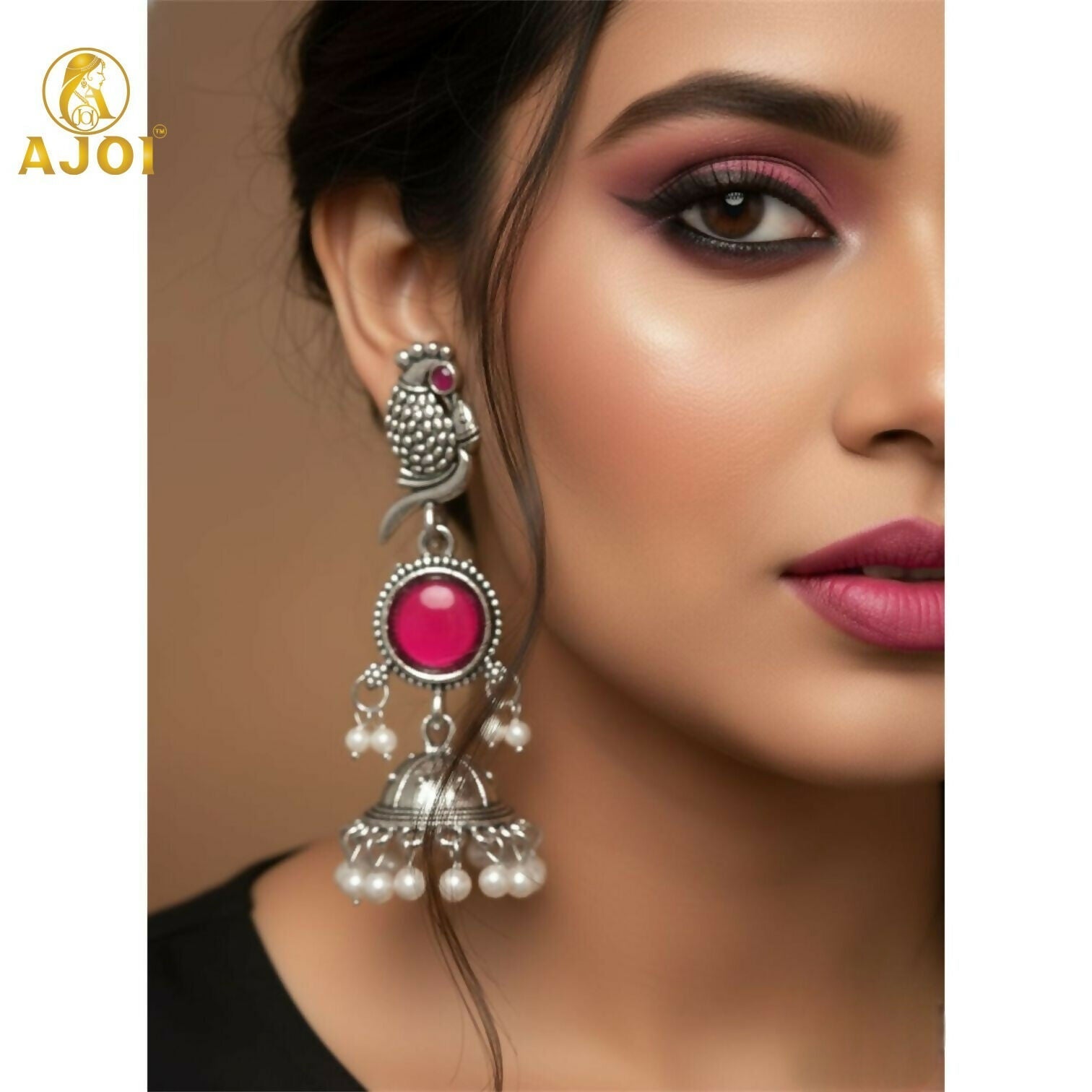 Antique Silver Peacock Jhumka Earrings with Pink Stone & Pearl Drops – Traditional Ethnic Dangle Earrings