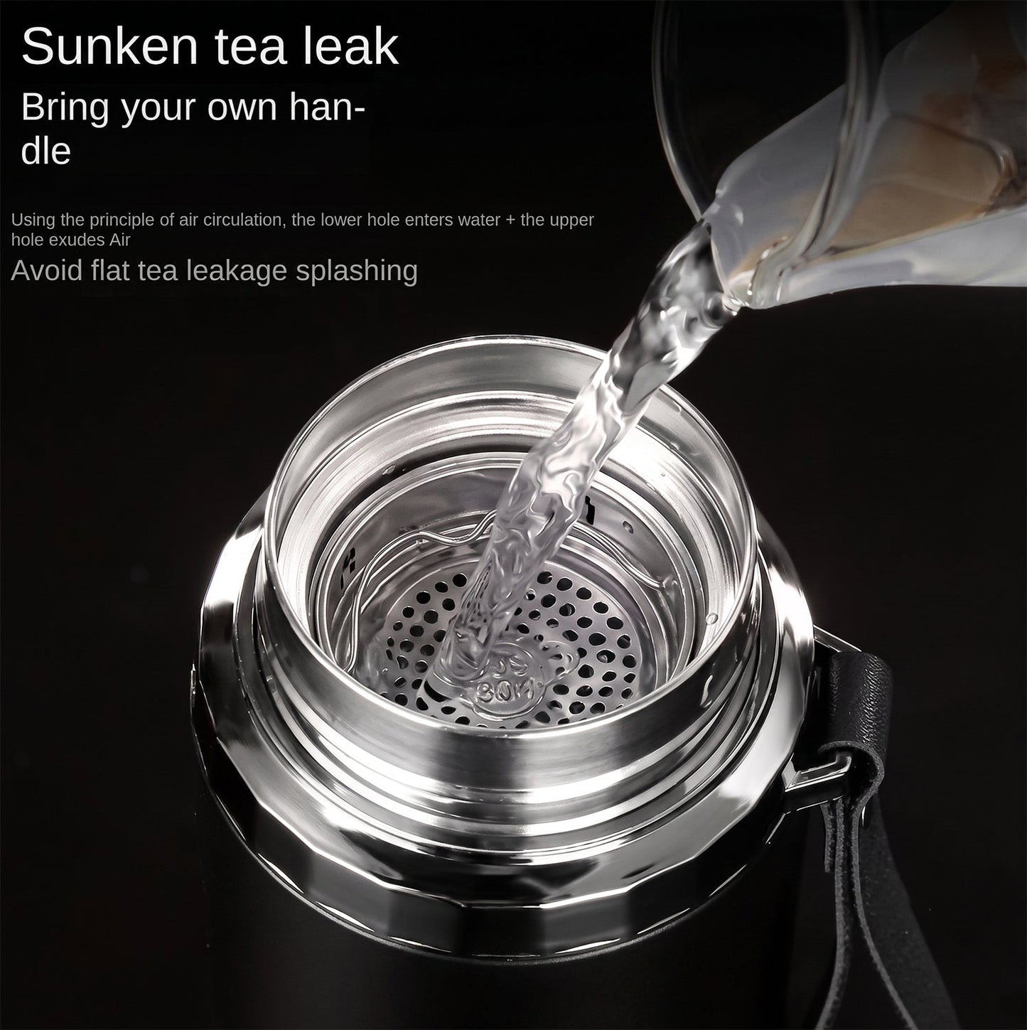 Close-up of water being poured into the stainless steel infuser inside the bottle's wide mouth opening.