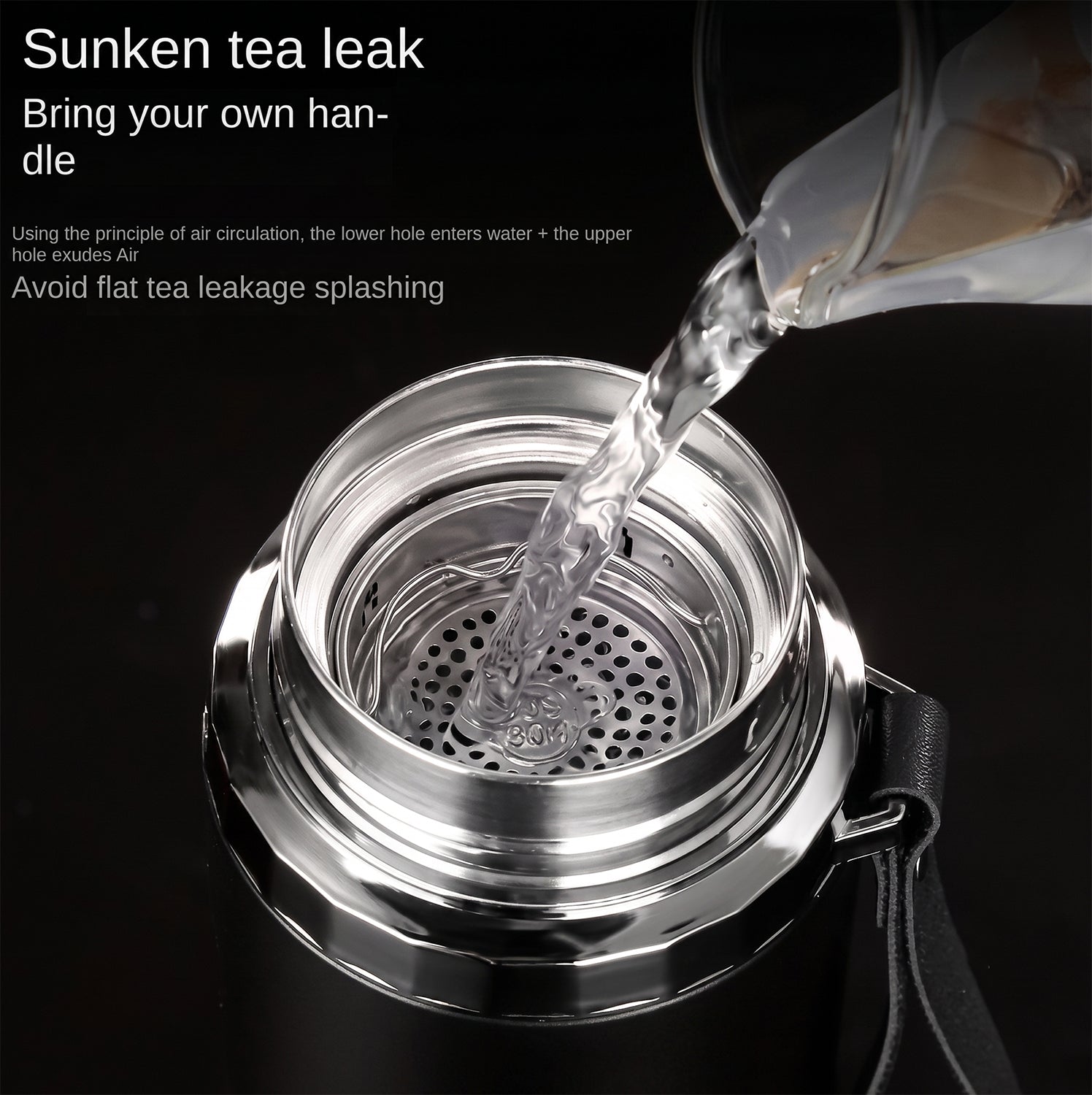 Close-up of water being poured into the stainless steel infuser inside the bottle's wide mouth opening.