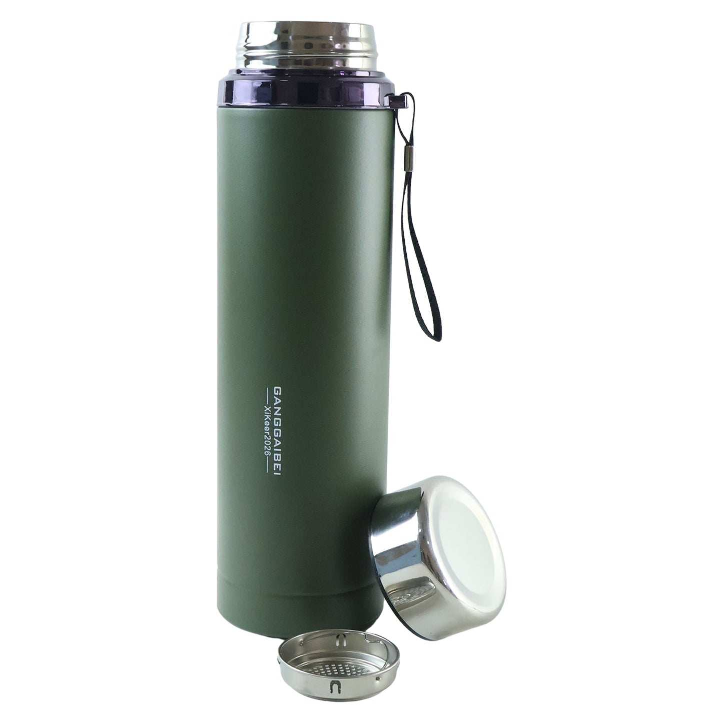 A matte green water bottle with its silver cup lid and infuser detached, standing upright on a white background.