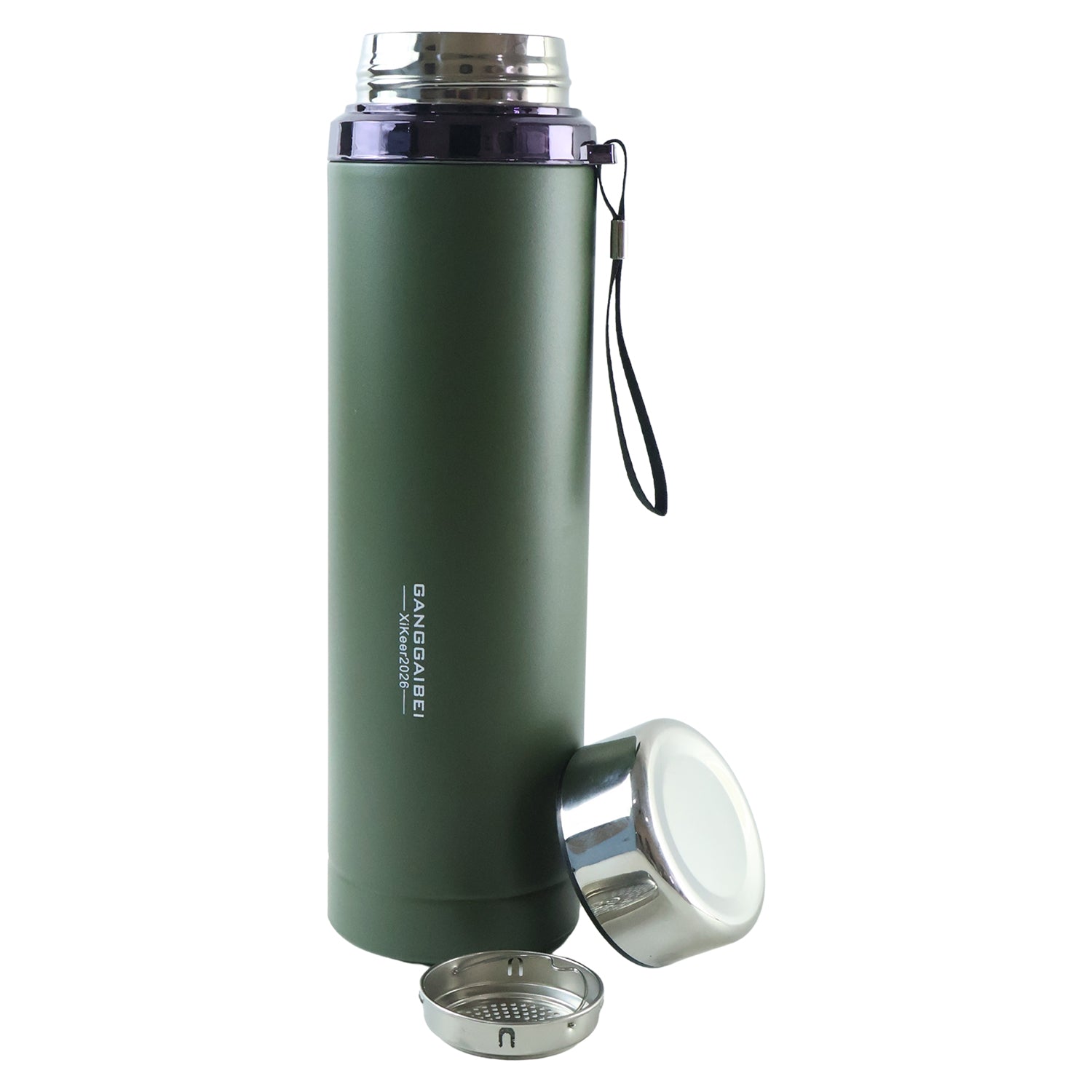 A matte green water bottle with its silver cup lid and infuser detached, standing upright on a white background.