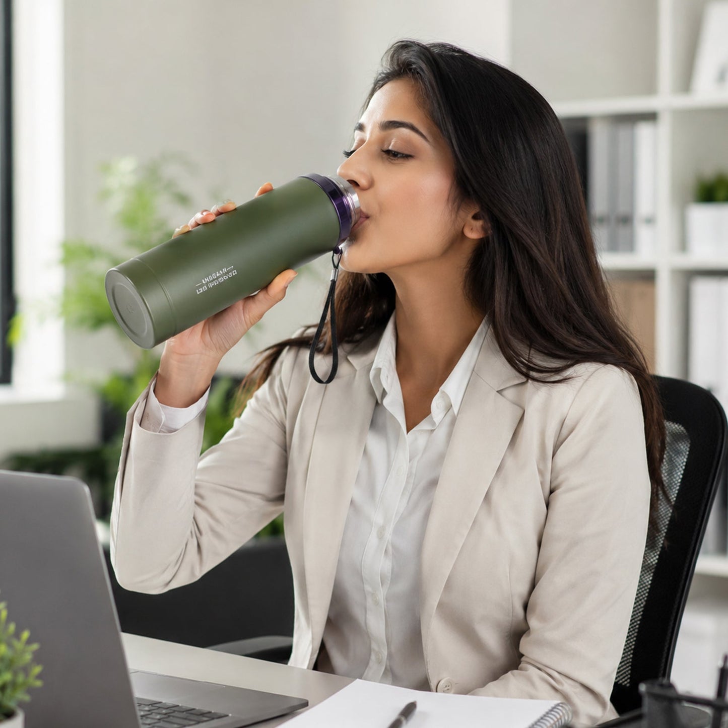 A woman in a beige blazer drinks from a matte green water bottle while sitting at a desk with a laptop.