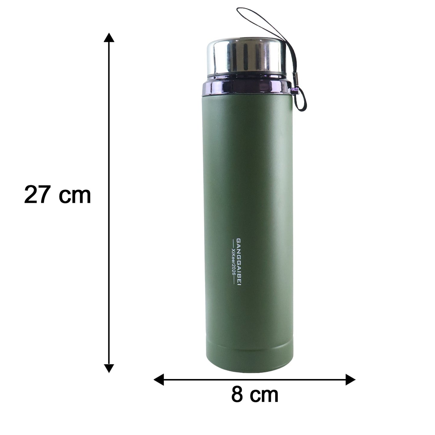 A matte green water bottle with its silver cup lid and infuser attached, showing dimensions of 27 cm height and 8 cm width.