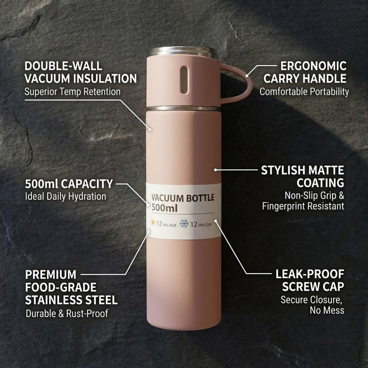 Stainless Steel Vacuum Flask Set – Keeps Drinks Hot & Cold 12h