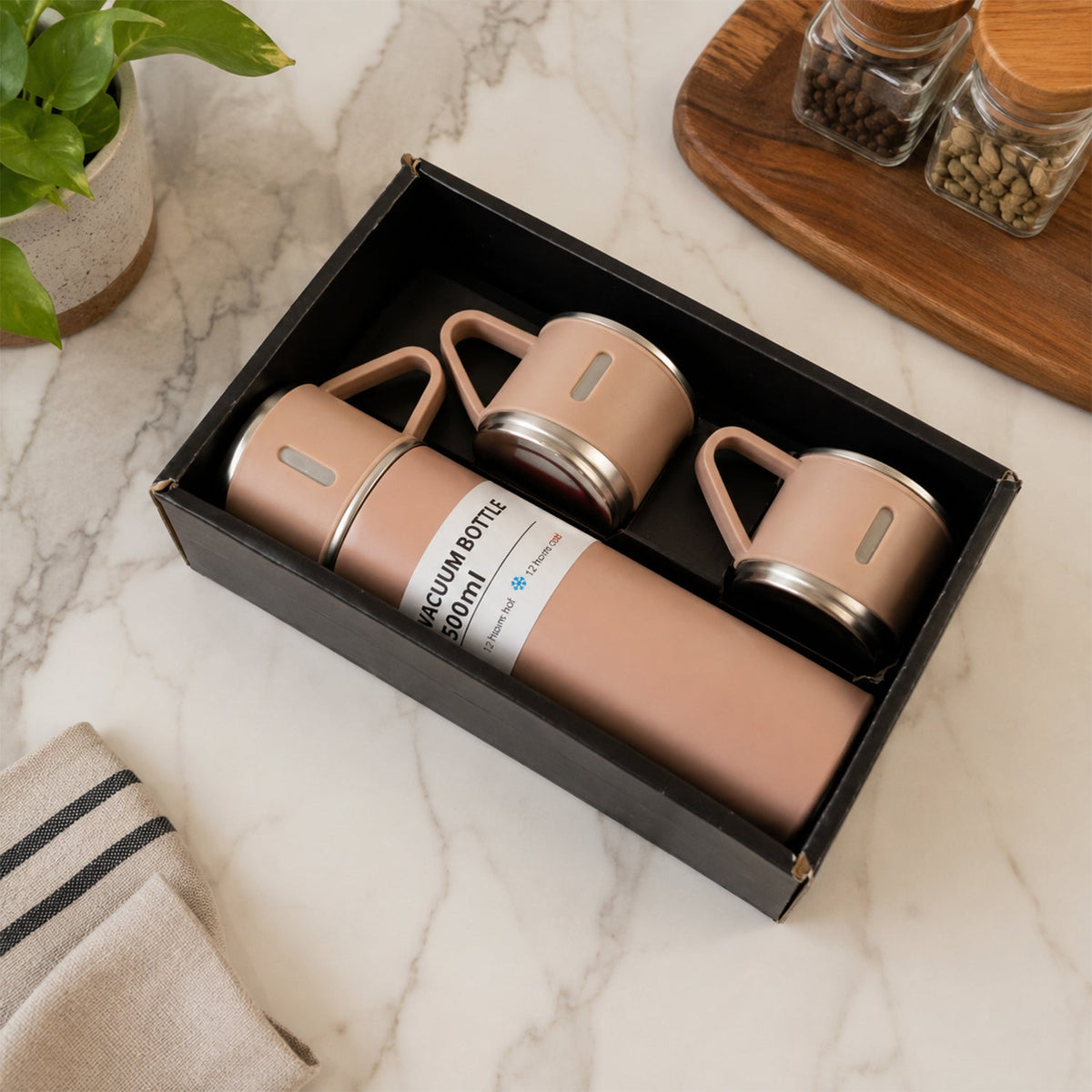 Stainless Steel Vacuum Flask Set – Keeps Drinks Hot & Cold 12h
