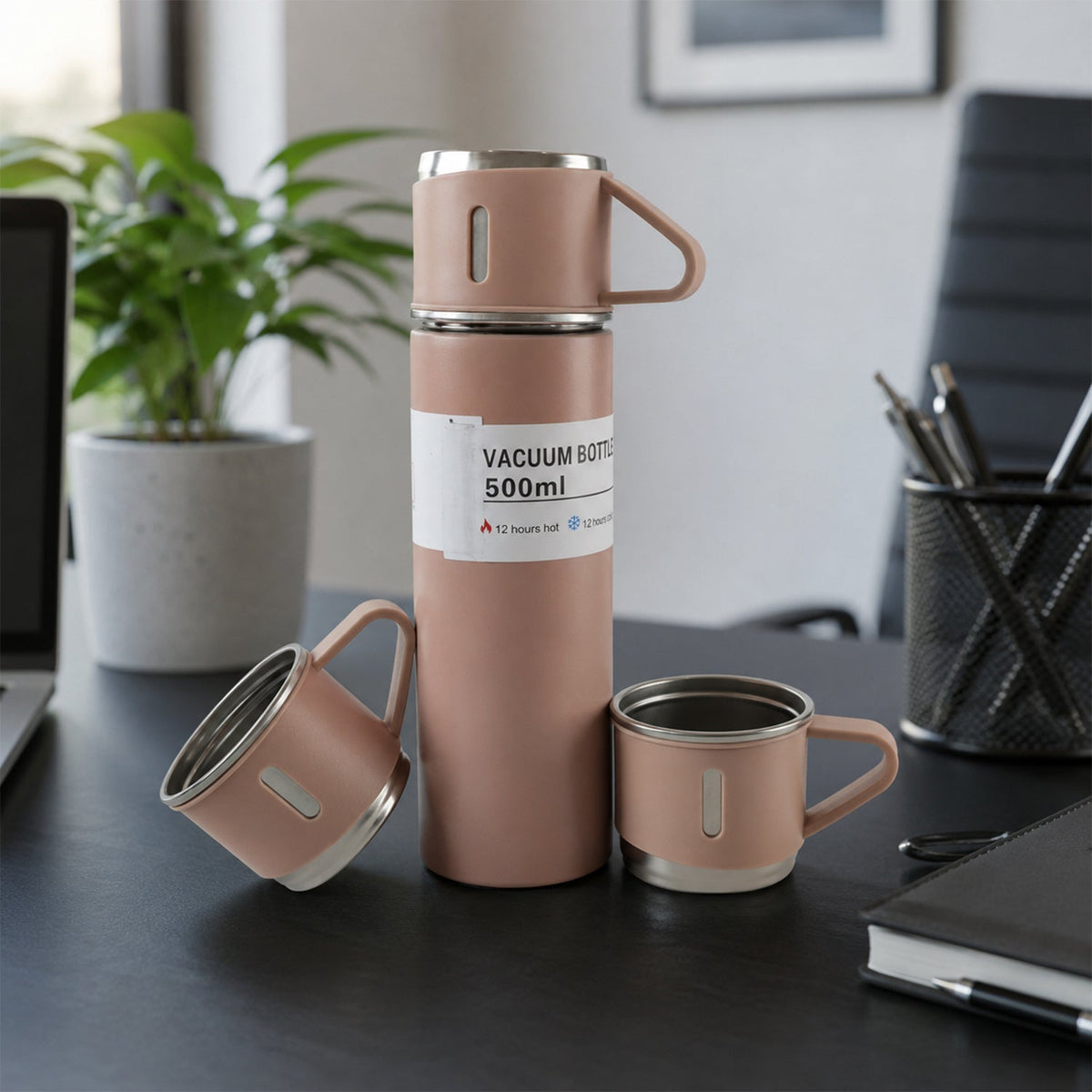 Stainless Steel Vacuum Flask Set – Keeps Drinks Hot & Cold 12h
