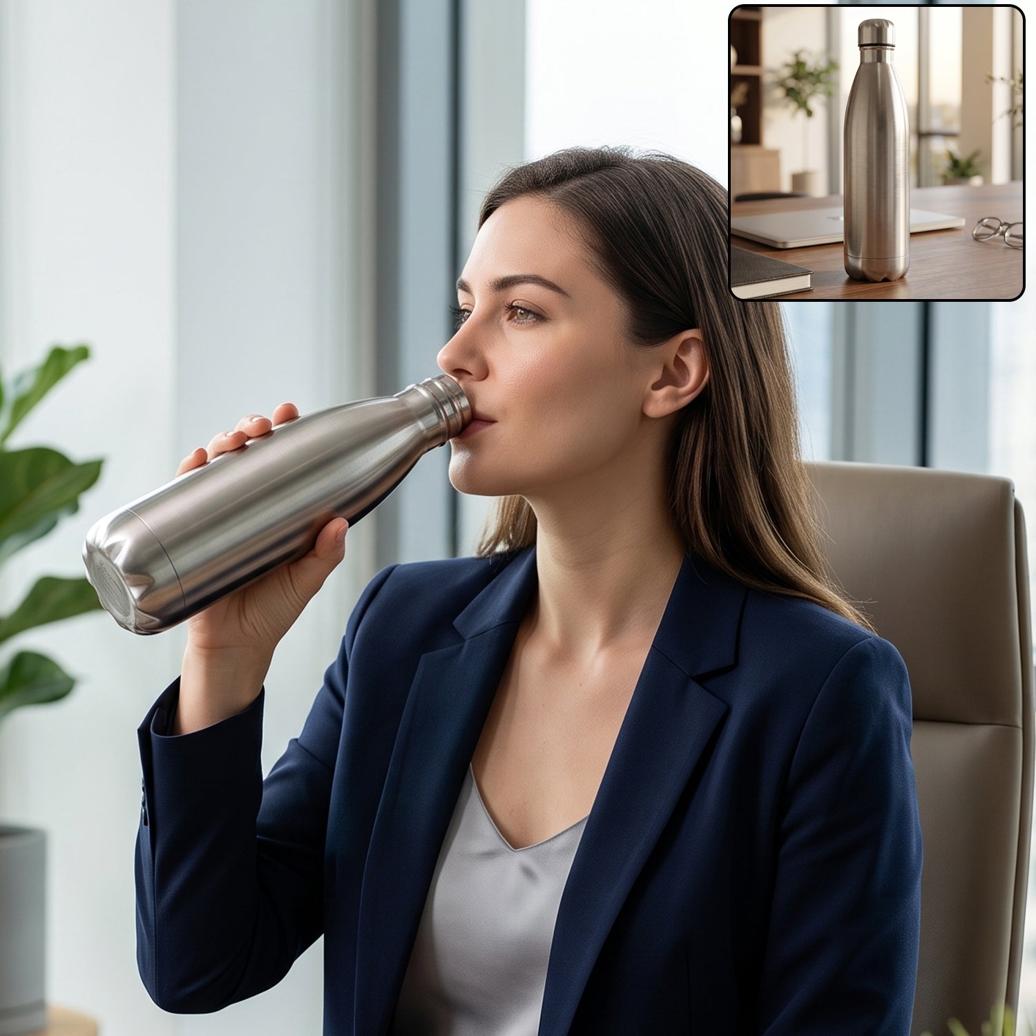 A woman in a navy blazer drinks from a silver stainless steel water bottle at her office desk.