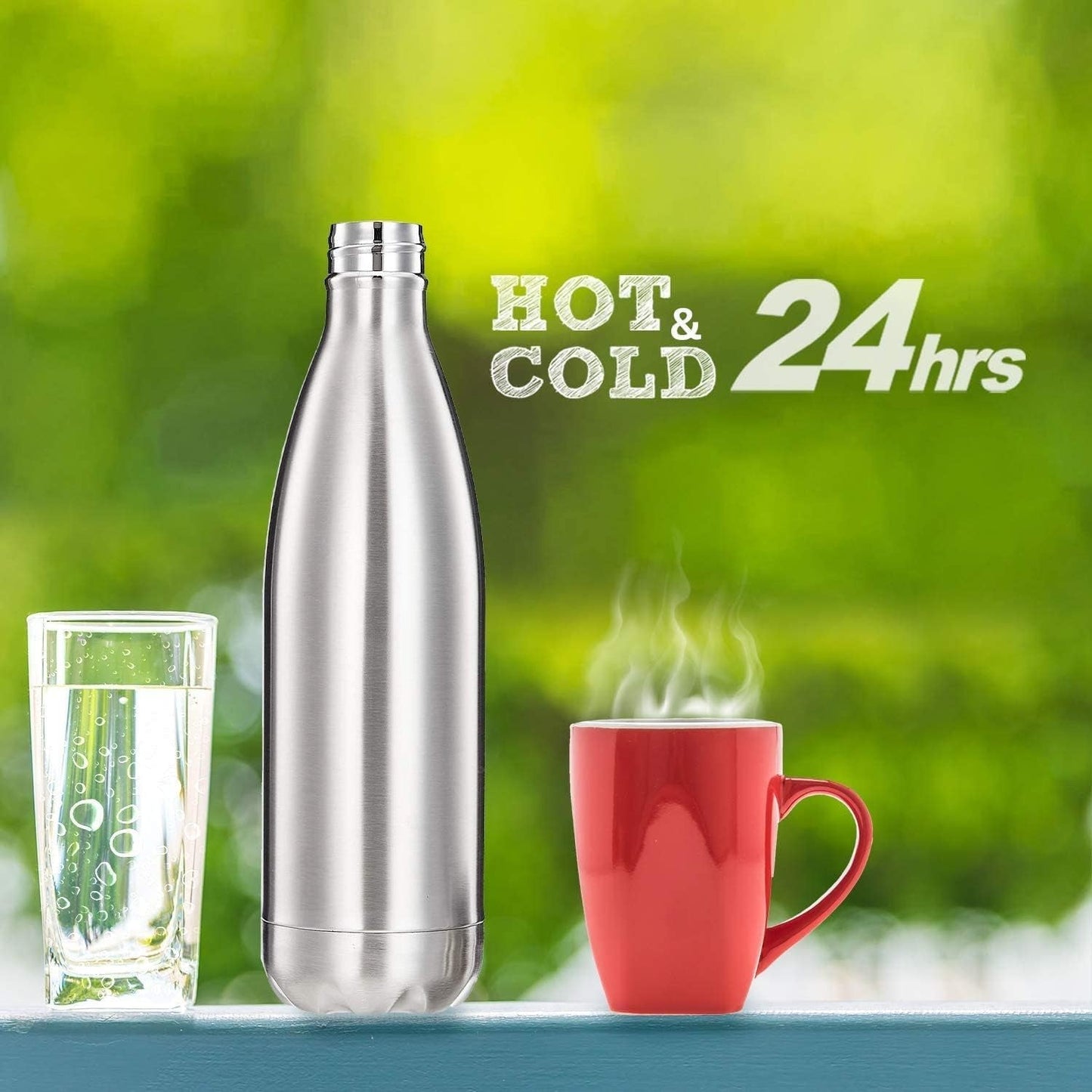 A silver stainless steel water bottle stands between a glass of water and a red steaming mug, with "HOT & COLD 24 hrs" text.