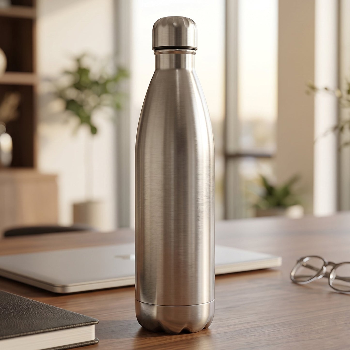A silver stainless steel water bottle with a screw cap stands on a wooden desk with a laptop and glasses.