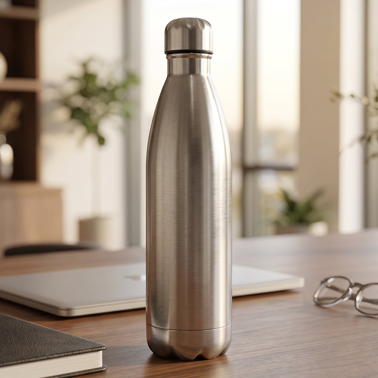 A silver stainless steel water bottle with a screw cap stands on a wooden desk with a laptop and glasses.