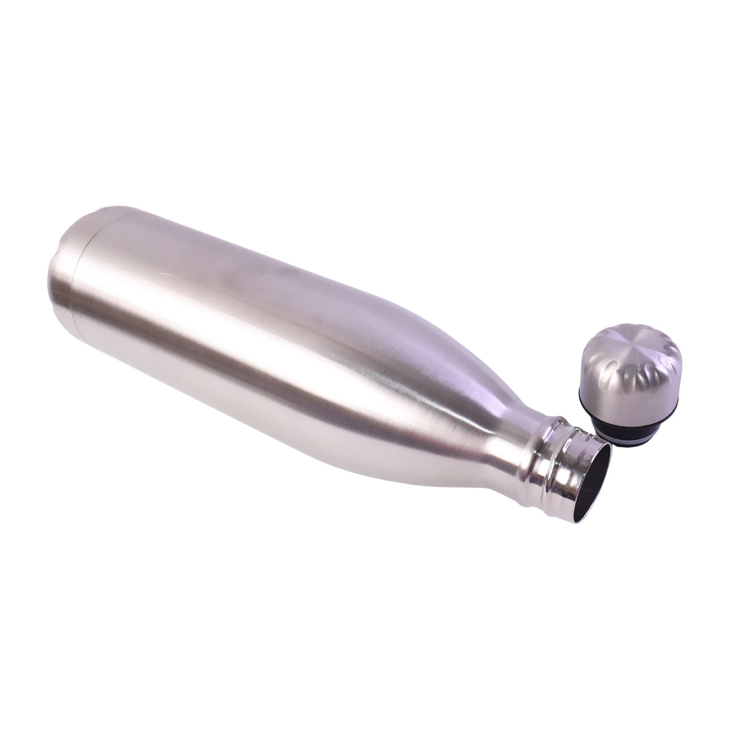 A silver stainless steel water bottle lies on its side with its screw cap removed, showing the bottle's opening.