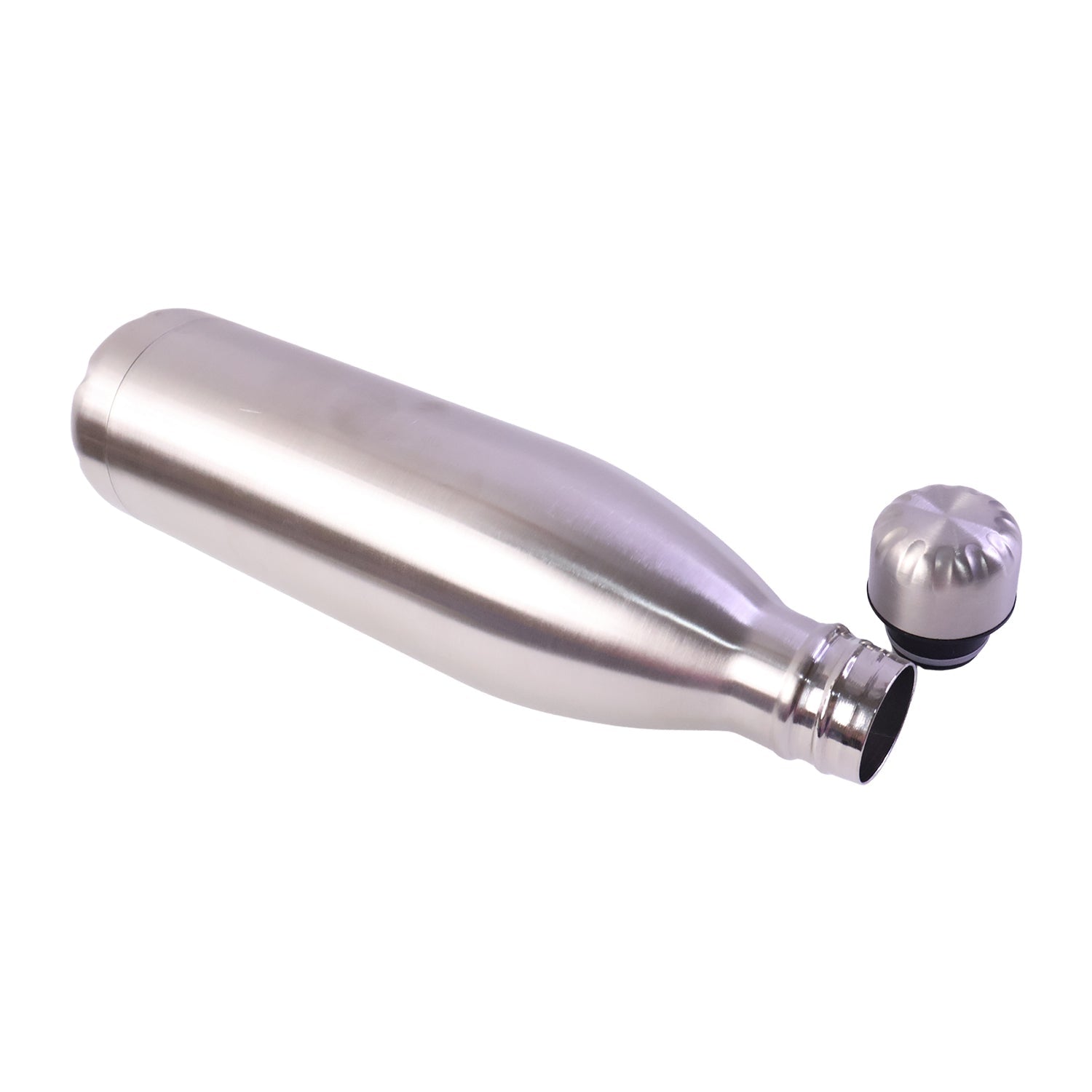 A silver stainless steel water bottle lies on its side with its screw cap removed, showing the bottle's opening.