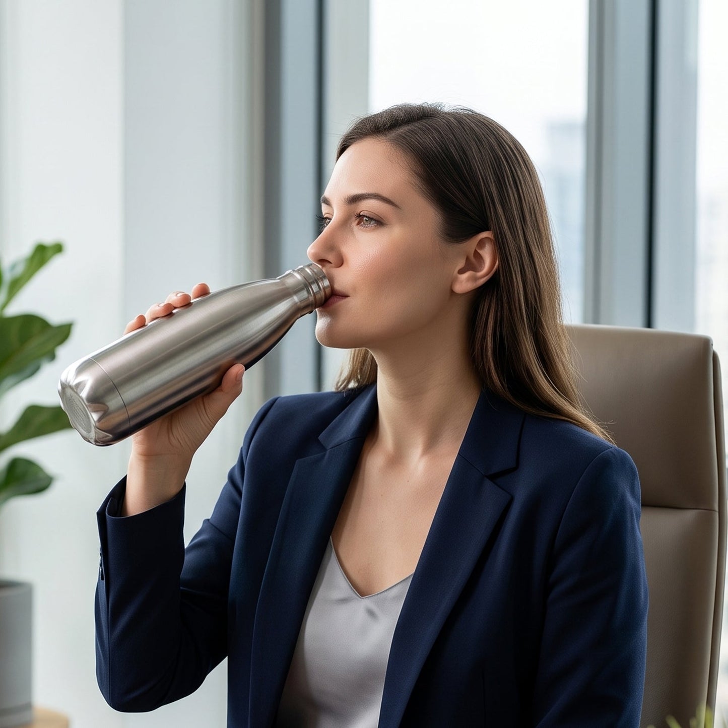 A woman in a navy blazer drinks from a silver stainless steel water bottle at her office desk, with a plant in the